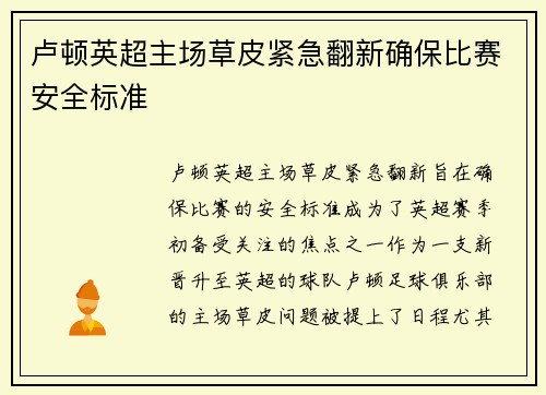 卢顿英超主场草皮紧急翻新确保比赛安全标准